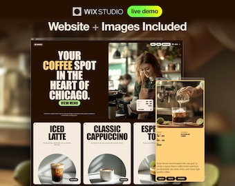 Cafetería / Plantilla para creador de sitios web Wix / Tienda online / Venta online, menú, pedidos online / Imagen de marca para cafetería, imágenes incluidas