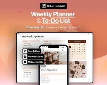 Plantilla de Notion semanal / Planificador digital para tareas, hábitos, objetivos y horarios / Diseño minimalista de productividad