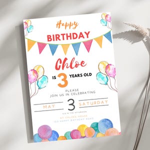 Balloon Birthday Party Invitation Personalized | Fun, Colorful Kids Party Invite | Instant Download/Edit |Perfect for Boy/Girls Celebration!