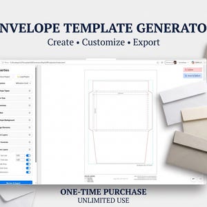 May include: A digital envelope template generator interface displaying a white workspace with a technical line drawing of an envelope, a properties sidebar, and various menu options, surrounded by several physical paper envelopes in neutral tones.