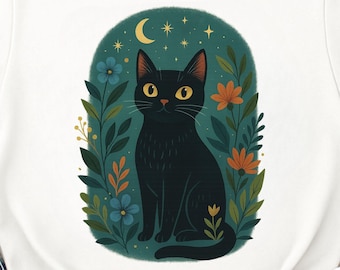Mystical Black Cat PNG Digital Download, Botanical Moon Cat Clipart for T-Shirts, Transparent Cat Design for POD Stickers Posters