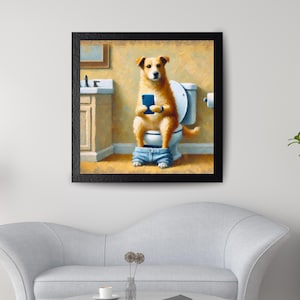 Funny Dog Bathroom Art – Dog on Toilet Poster with Phone – Square Printable Wall Art for Bathroom Decor – Digital Download