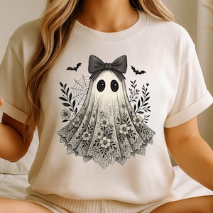 Vintage Lace Ghost PNG Clipart – Gothic Floral Halloween Design with Bow, Spiderweb & Bats – Sublimation Digital Download
