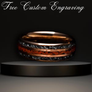 Tungsten Rose Gold Meteorite and Dinosaur Bone Ring | Dinosaur Bone Ring | Meteorite Ring | Men's Wedding Band | Unique Wedding Ring Man