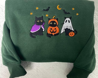 Moletom bordado de gato para o Halloween, camiseta bordada de gato fantasma, moletom com capuz bordado de esqueleto assustador de gato engraçado, ideia de presente para o Halloween