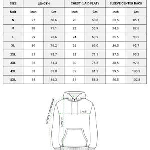 May include: A size chart for a classic unisex hoodie made in the US. The chart includes measurements in inches and centimeters for sizes S to 5XL. The chart shows the length, chest, and sleeve center back measurements. The image also includes a diagram of the hoodie.