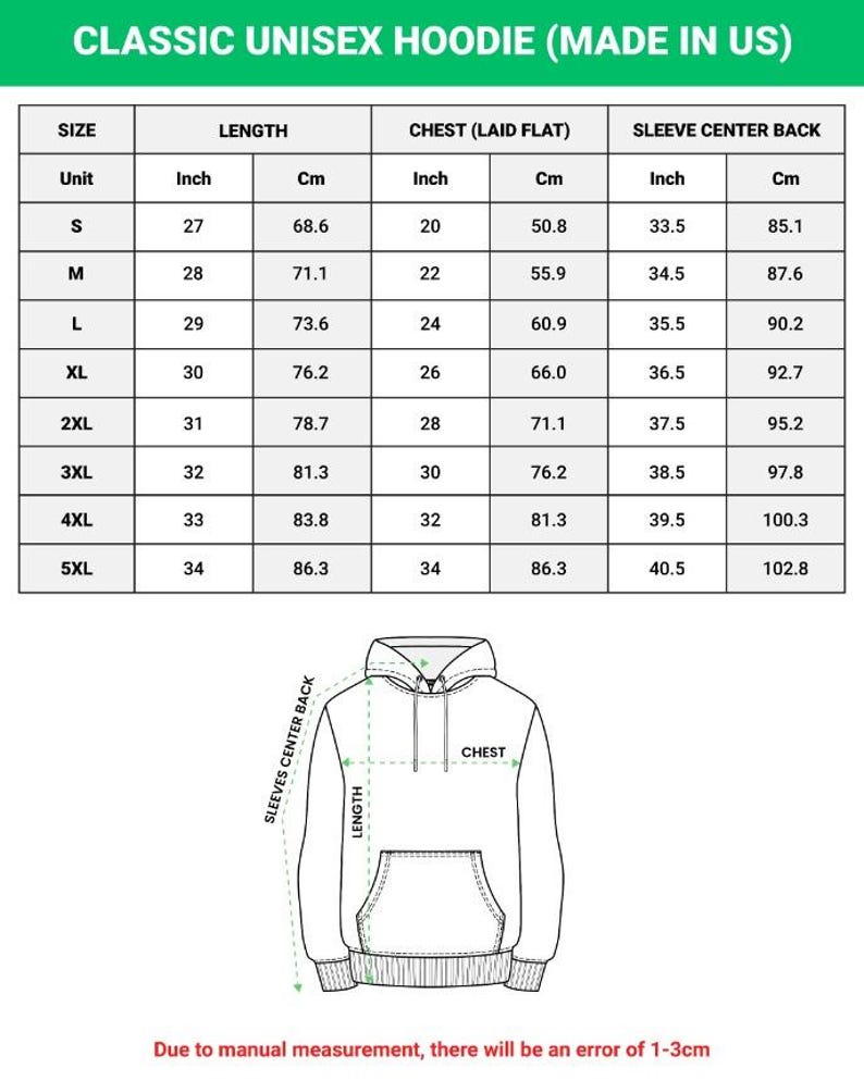 May include: A size chart for a classic unisex hoodie made in the US. The chart includes measurements in inches and centimeters for sizes S to 5XL. The chart shows the length, chest, and sleeve center back measurements. The image also includes a diagram of the hoodie.