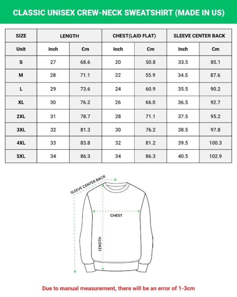 May include: A chart detailing the measurements for a classic unisex crew-neck sweatshirt, made in the US. Sizes range from S to 5XL, with measurements in inches and centimeters for length, chest, and sleeve center back. The text at the bottom says, "Due to manual measurement, there will be an error of 1-3cm."