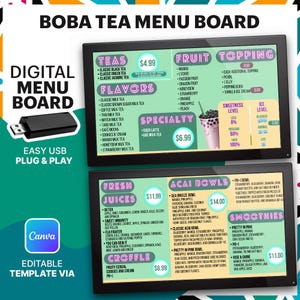 Bubble Tea Boba Cafe TV-Menü | Acai Bowle Menü | Digitale Menü-Tafel | Boba und Acai Bowlenmenü