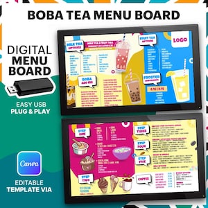 DIY Boba Tee und Eis TV-Menü, Digitale Menüleiste, Boba Menü, Eiscreme-Menü, modernes TV-Menü, bearbeitbare Bubble Tea TV-Menüs