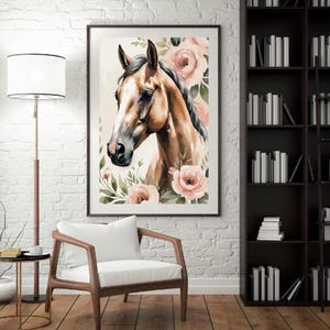 Arte de parede digital para amantes de cavalos | Impressão de cavalo em aquarela | Decoração equestre | Arte de cavalo de fazenda no campo | Retrato de cavalo ocidental para download