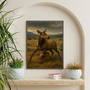 Native American Wildlife Art, Wölfe greifen Wanddruck an, Mutter Reh schützt Rehkitz, abstrakter Realismus, digitaler Download, druckbares Dekor