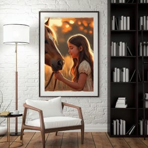 Arte digital rústica de cavalo e menina | Decoração de parede imprimível com tema equestre ao pôr do sol | Arte para berçário em casa de fazenda | Decoração de quarto de cowgirl, presente para amantes de cavalos
