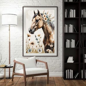 Impressão de parede rústica de cavalo | Download digital de cavalo floral boho | Decoração equestre campestre | Retrato de cavalo em aquarela para presentear amantes de cavalos