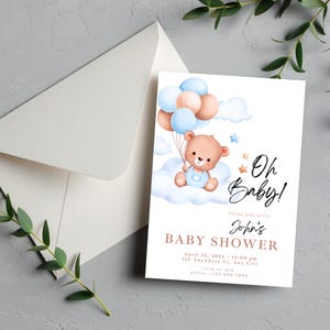 Invito per baby shower gender-neutral / Modello moderno per baby shower Canva / PDF ottimizzato per dispositivi mobili / Tema orsacchiotto e palloncino