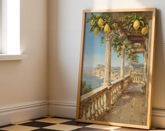 Old Money Aesthetic Italian Balcony Art | La Dolce Vita Travel Poster | Amalfi Coast Print | Italy Wall Decor | Mediterranean Lemon Terrace