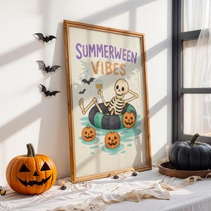 Summerween Skeleton Summer Halloween Digital Wall Art | Spooky Season Retro Halloween Gift | Funny Halloween Decor | Summerween Vibes
