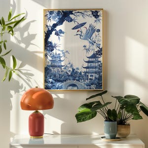 Chinoiserie Digital Art Print | Blue and White Crane & Pagoda Vintage Illustration | Wall Art Home Decor Download