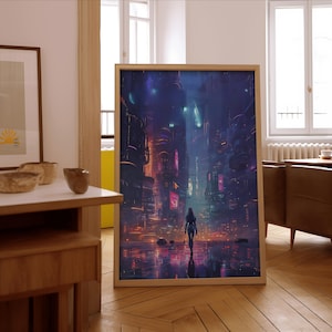 Futuristische Cyberpunk Stadtbild Digital Art Print | Neon City Sci-Fi Dystopian Wall Decor |Neo Futuristische Kunst | Gamer Raum Dekor