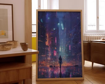 Impresión de arte digital de paisaje urbano ciberpunk futurista / Decoración de pared distópica de ciencia ficción con ciudad de neón / Arte de pared neofuturista / Decoración de habitación de jugador