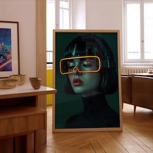 Futuristisches Cyberpunk Portrait Digitaler Kunstdruck | Neon Sci-Fi AI ästhetische Wanddekoration | Neo-Futuristische Cyber Goth Kunst | Gamer Raum Dekor