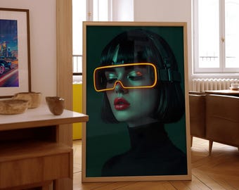 Impresión artística digital de retrato ciberpunk futurista / Decoración de pared estética de IA de ciencia ficción neón / Arte cibergótico neofuturista / Decoración de habitación de gamer