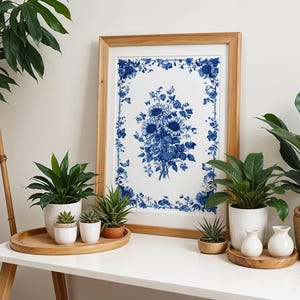 Chinoiserie Wall Art Print Sunflowers | Delft Blue and White Botanical Flowers Digital Print | Vintage Chinese Home Decor | Toile de Jouy