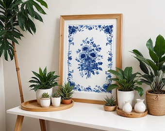 Chinoiserie Wall Art Print Słoneczniki | Delft Blue and White Botanical Flowers Digital Print | Vintage Chinese Home Decor | Toile de Jouy