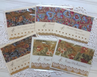 Unique handmade cards / Set of 6 / 50TH ANNIVERSARY /2 each of 3 designs/Decorated with fabric / Limited...once gone, there will be no more.