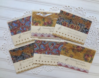 Unique handmade cards / Set of 6 / 50TH ANNIVERSARY /2 each of 3 designs/Decorated with fabric / Limited...once gone, there will be no more.