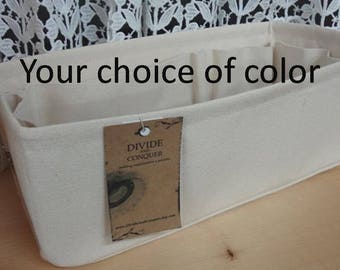 11" x 5" x 5"H / 100% cotton canvas / Purse ORGANIZER insert SHAPER / Wipe-clean bottom & Flexible ends / STURDY / You Choose Color