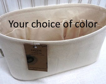 15"L x 5"W oval / with 6" or 7" height / Purse Organizer Shaper / Wipe-clean bottom / 100% cotton canvas / Sturdy / You choose the color