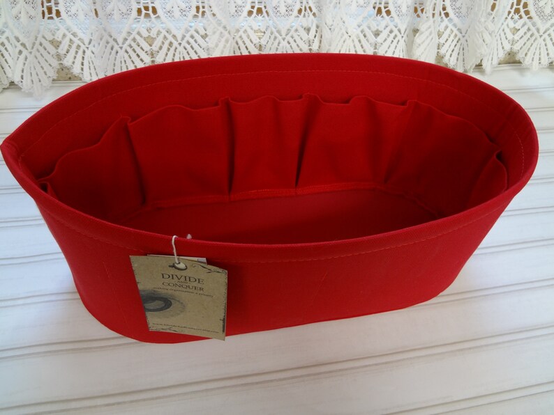 14.5 x 6 x 6H oval / Extra-large WIDE oval / READY To Ship / Purse ORGANIZER insert Shaper / 100% cotton canvas / Wipe-clean bottom / Red image 3