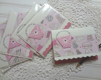 Unique handmade/Set of 6 THANK YOU cards/Decorated with fabric and little handmade purse accent/Limited...once gone, there will be no more.