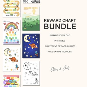 Op de afbeelding: Een bundel afdrukbare beloningskaarten met diverse ontwerpen, waaronder een regenboog, ruimtethema en een pad. De kaarten tonen de tekst "Reward Chart Bundle", "Instant Download" en "Free Extras Included".