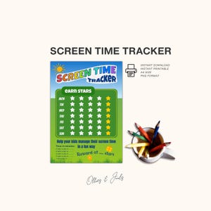 Op de afbeelding: Een schermtijd-trackerkaart met een blauwe lucht en groen gras als achtergrond, voorzien van een sterren-beloningssysteem voor elke dag van de week. De kaart bevat de tekst SCREEN TIME TRACKER, EARN STARS en instructies voor minuten.