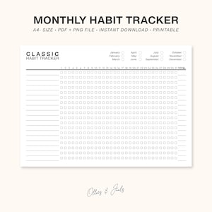 Op de afbeelding: Een witte, afdrukbare habit tracker met de tekst "MONTHLY HABIT TRACKER" bovenaan. De tracker bevat een raster voor dagelijkse tracking en een sectie voor maandelijkse totalen. Het ontwerp bevat de tekst "CLASSIC HABIT TRACKER".