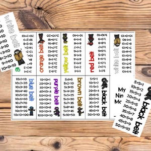 May include: Educational flashcards with math problems and answers, featuring ninja illustrations and color-coded belts. Includes addition and multiplication problems. The cards are arranged on a wooden surface.