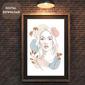 Boho Minimalist Female Portrait: Neutral Line Art Print (Digital Download)