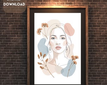 Retrato femenino minimalista bohemio: Impresión artística de líneas neutras (descarga digital)