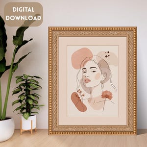 Boho Female Portrait Line Art Print: Minimalist Neutral Decor (Digital Download)