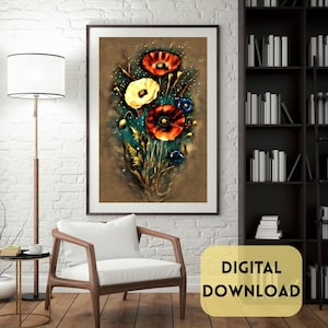 Impresión de arte floral, póster de jarrón con flores, arte mural botánico, impresiones de flores, póster de flores, impresión de mercado de flores, moderno, descarga digital