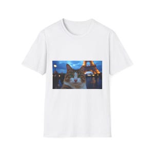 Cat in Paris Unisex Softstyle T-Shirt, Cute Cat Tee, Pet Lover Gift, Parisian Style, Travel Enthusiast Shirt, Fun Casual Wear,white tshirt