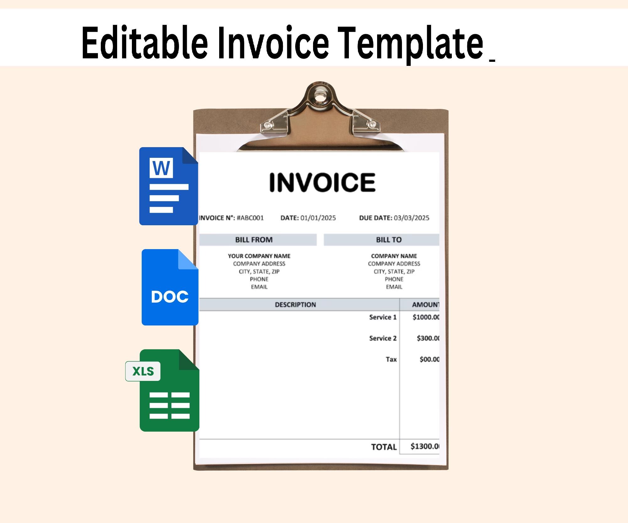 Editable Invoice Template. Printable Invoice Word. Custom Invoice Form ...
