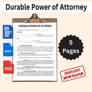 Printable Durable Power of Attorney Template. Durable Power of Attorney Form. POA Form. POA Agreement. Google Docs Word PDF Instant Download