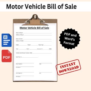 Motor Vehicle Bill of Sale. Printable Car Sale form. Bill of Sale Form Agreement. Auto Bill of Sale. Editable WORD & PDF. Instant Download