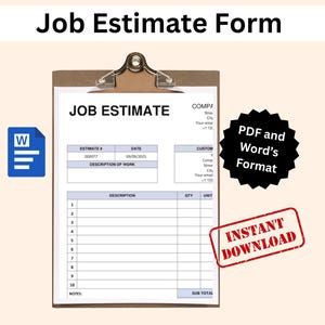 Job Estimate Template Printable. Estimate Form For Small Business. Editable Job Proposal Templates. Contractor Estimate. Instant Download