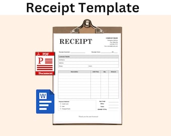 May include: A receipt template on a clipboard with the word "RECEIPT" at the top. The template includes fields for customer details, description, unit price, quantity, and amount. PDF and Word document icons are on the left. The words "Receipt Template" are at the top.