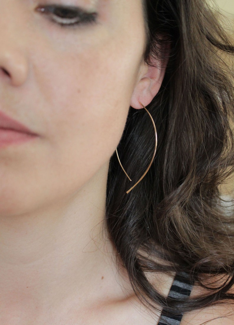 Gold Earrings Thin Gold Almond Hoops minimalist jewelry, gold wishbone earrings, thin gold hoop earrings, unique earrings image 1