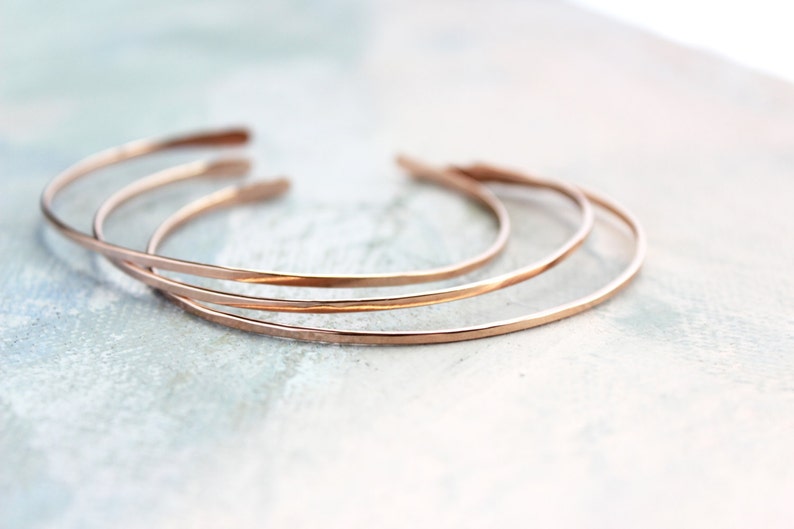 Rose Gold Cuff Bracelet Set of Three , thin rose gold bangles, rose gold bracelet trio, adjustable rose gold bangle bracelet, gold jewelry image 1